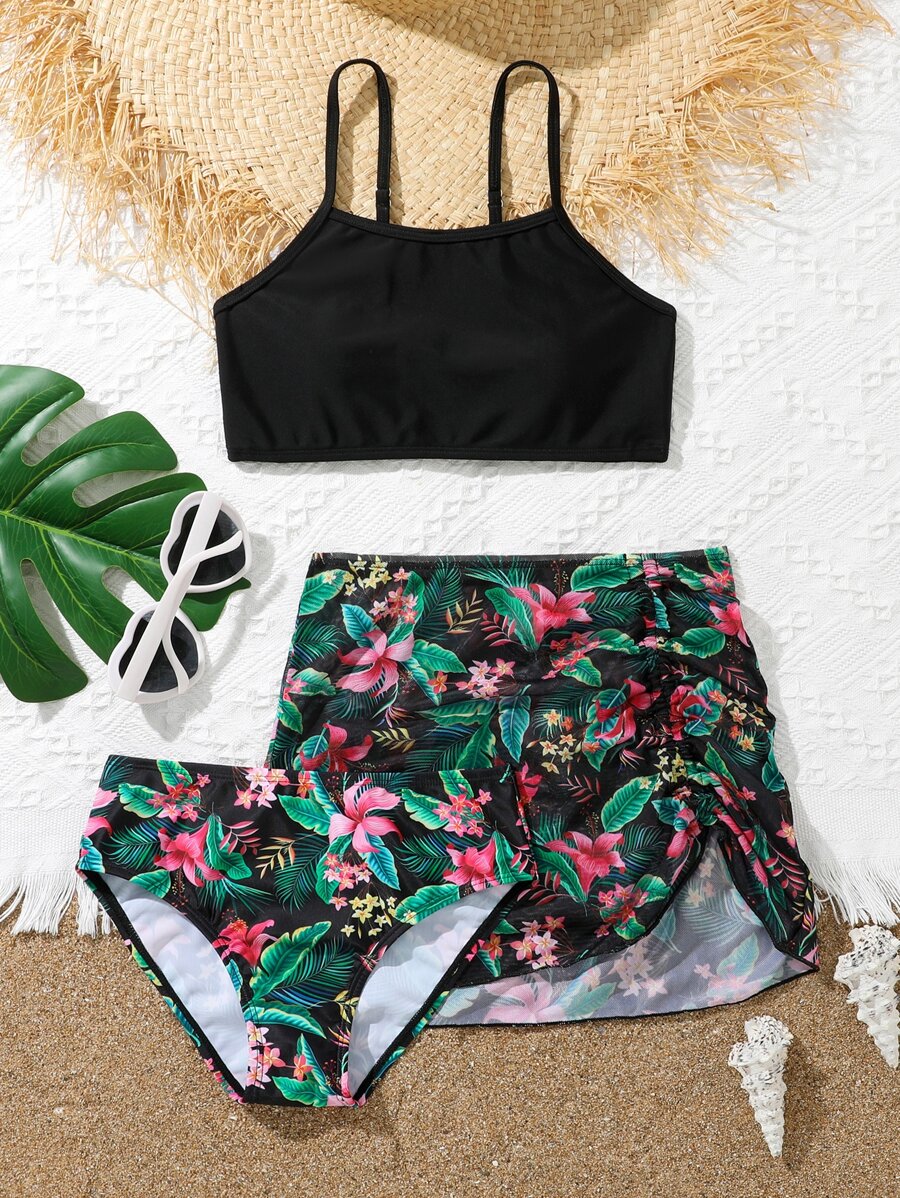 青少年女孩热带印花比基尼套装和沙滩裙夏日海滩 - 彩色 - 查看 1
