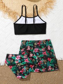 青少年女孩热带印花比基尼套装和沙滩裙夏日海滩 - 彩色 - 查看 2