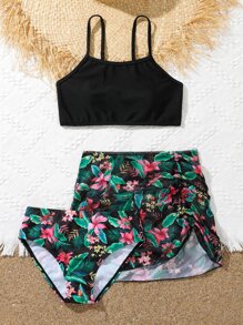 青少年女孩热带印花比基尼套装和沙滩裙夏日海滩 - 彩色 - 查看 5