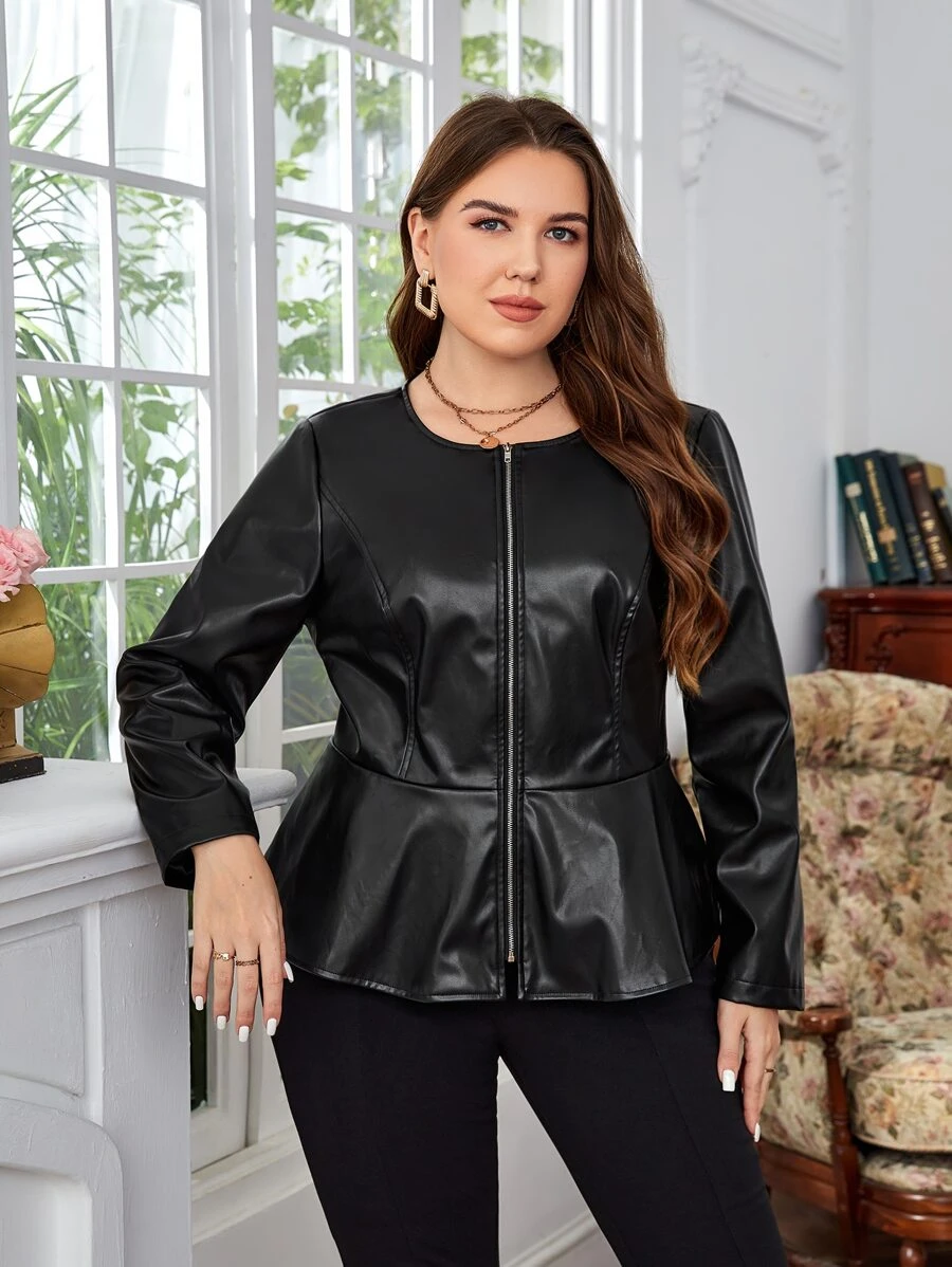 EMERY ROSE Plus Zip Up PU Leather Peplum Jacket - Black - View 1
