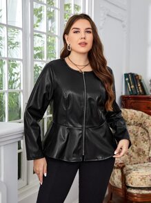 EMERY ROSE Plus Zip Up PU Leather Peplum Jacket - Black - View 3