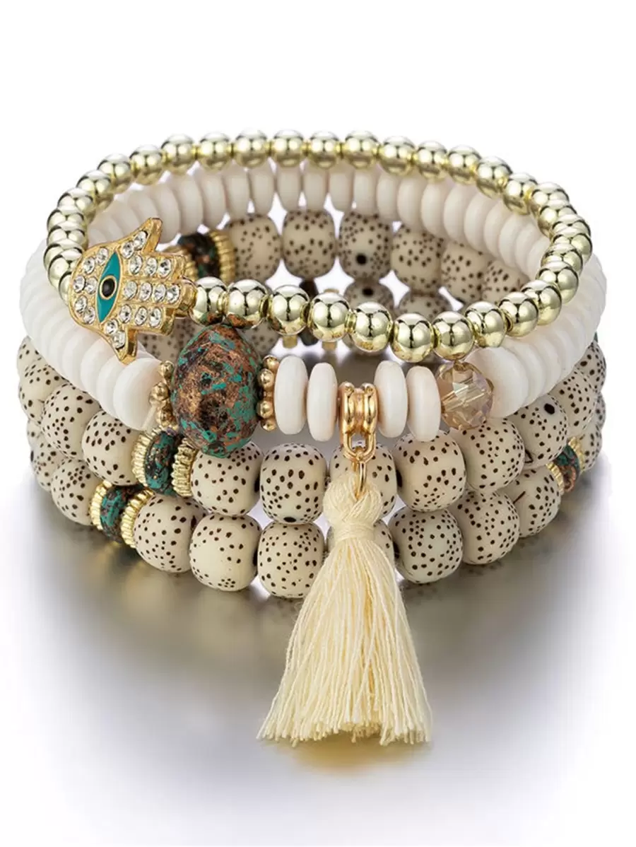 4pcs/set Rhinestone Hamsa Hand & Tassel Decor Fringe Palm Eye Pendant Multi-layer Beaded Bracelet - Beige - View 1