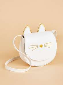 1入白色PU材質可愛貓咪翻蓋肩背包，適合日常使用 - 白色 - 查看 3