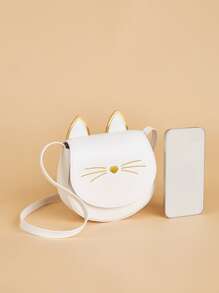 1入白色PU材質可愛貓咪翻蓋肩背包，適合日常使用 - 白色 - 查看 4