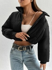 SHEIN PETITE Abrigo acolchado con cremallera y bolsillos en ángulo para otoño/invierno - Negro - Ver 1