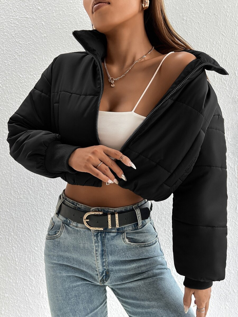 SHEIN PETITE Abrigo acolchado con cremallera y bolsillos en ángulo para otoño/invierno - Negro - Ver 1