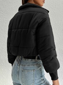 SHEIN PETITE Abrigo acolchado con cremallera y bolsillos en ángulo para otoño/invierno - Negro - Ver 2