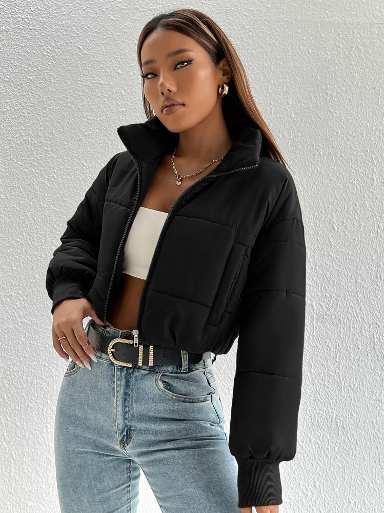 SHEIN PETITE Abrigo acolchado con cremallera y bolsillos en ángulo para otoño/invierno - Negro - Añade 3