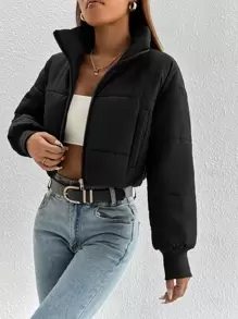 SHEIN PETITE Abrigo acolchado con cremallera y bolsillos en ángulo para otoño/invierno - Negro - Ver 4