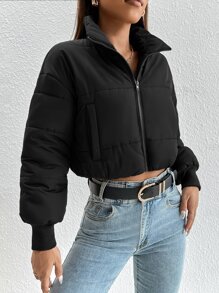 SHEIN PETITE Abrigo acolchado con cremallera y bolsillos en ángulo para otoño/invierno - Negro - Ver 5