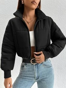 SHEIN PETITE Abrigo acolchado con cremallera y bolsillos en ángulo para otoño/invierno - Negro - Ver 6