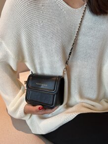 Mini Letter Graphic Flap Chain Square Bag - Black - View 1