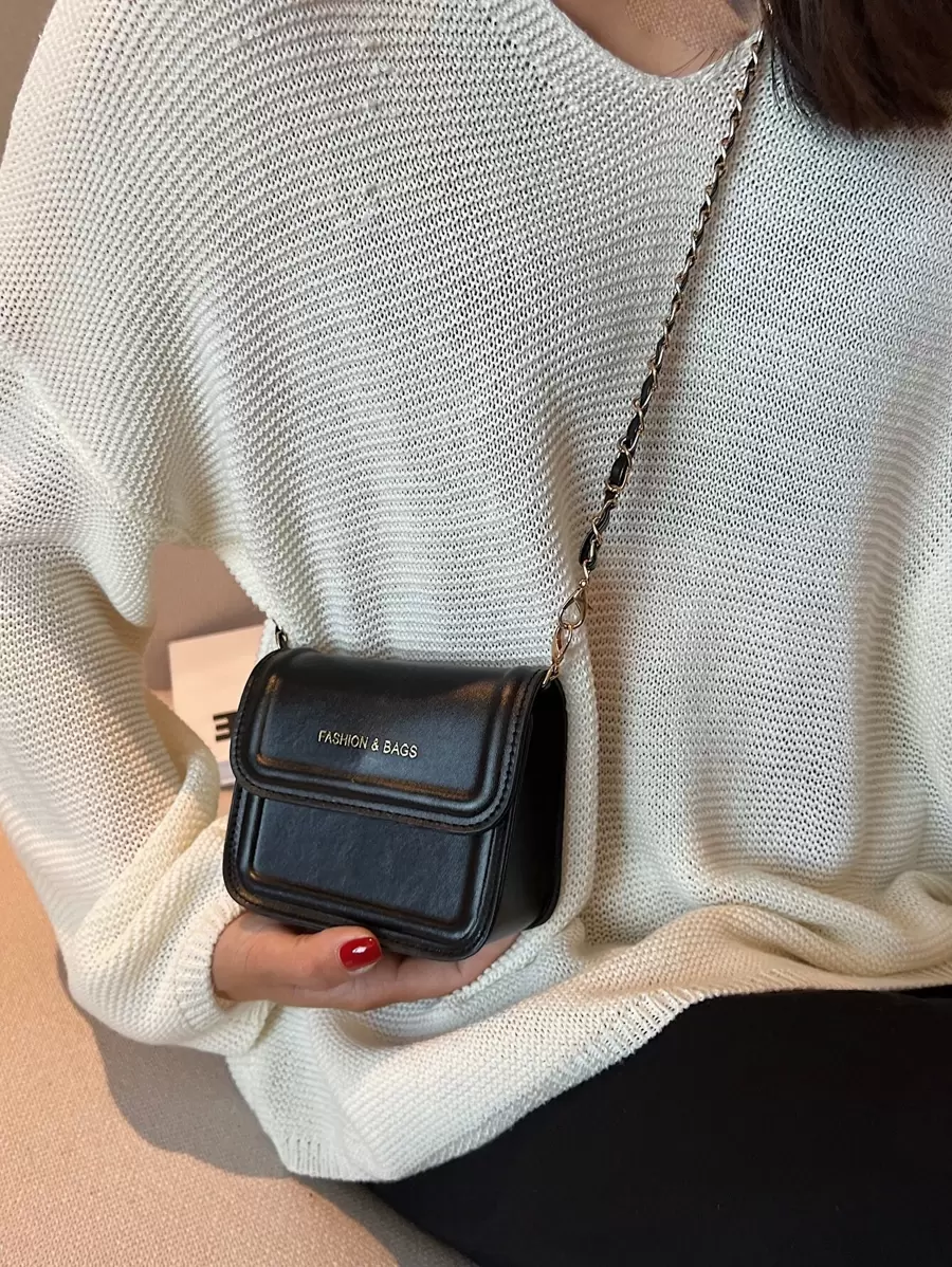 Mini Letter Graphic Flap Chain Square Bag - Black - View 1