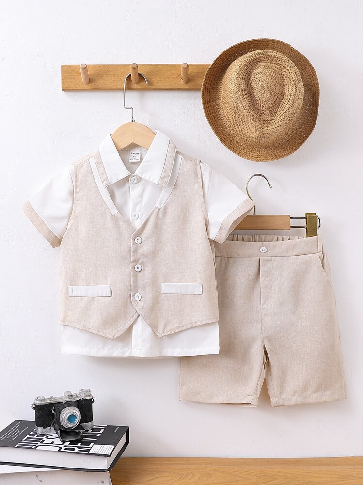 小男童前紐扣背心和撞色滾邊襯衫和短褲 - 彩色 - 查看 1