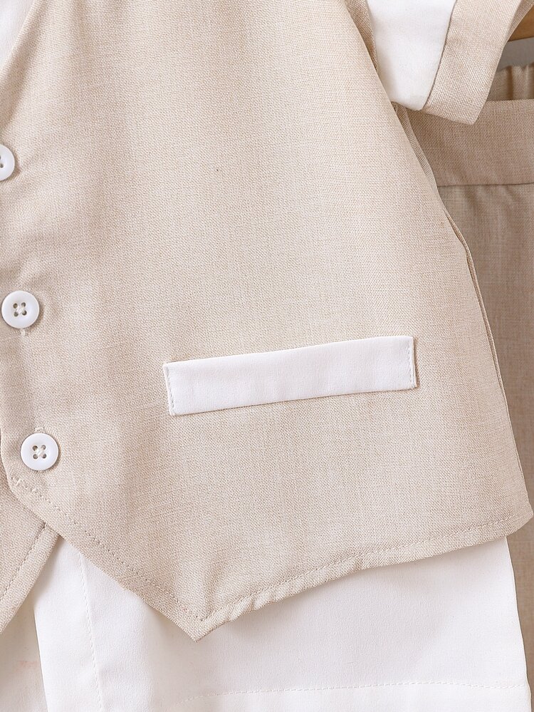 小男童前紐扣背心和撞色滾邊襯衫和短褲 - 彩色 - 查看 5