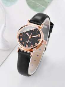 1 Máy Tính Bầu Trời Đầy Sao Mặt Tròn Con Trỏ Đồng Hồ Thạch Anh & 1 Vòng Tay Làm Quà Tặng Cho Học Sinh Trở Lại Trường Học - màu đen - Xem 4