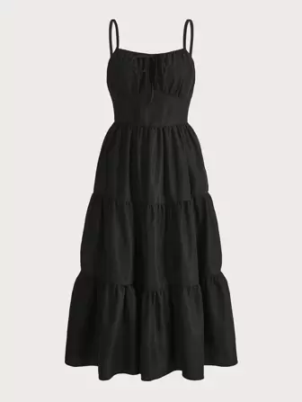 ROMWE Solid Ruched Bust Ruffle Hem Cami Dress