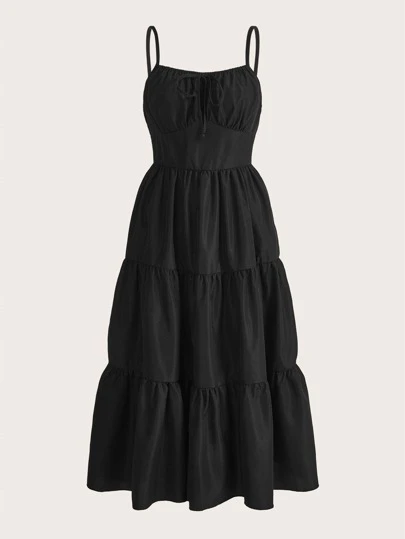 ROMWE 素色胸部褶皺荷葉邊吊帶連衣裙