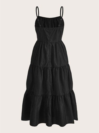 ROMWE 素色胸部褶皺荷葉邊吊帶洋裝