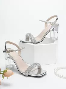 Phụ Nữ Kim Cương Giả Trang Trí Chunky Gót Dây Đeo Mắt Cá Chân Xăng Đan, Tiệc Quyến Rũ Gót - Bạc - Xem 1