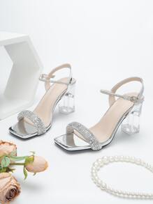 Phụ Nữ Kim Cương Giả Trang Trí Chunky Gót Dây Đeo Mắt Cá Chân Xăng Đan, Tiệc Quyến Rũ Gót - Bạc - Xem 2