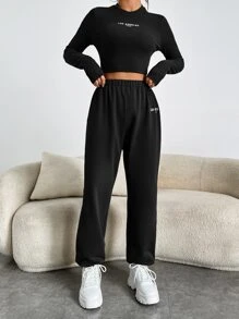 SHEIN EZwear Letter Graphic Crop Tee & Joggers - Black - View 1