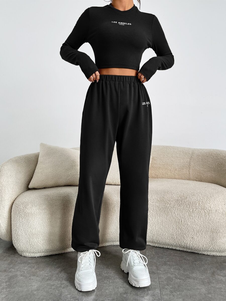 SHEIN EZwear Letter Graphic Crop Tee & Joggers - Black - View 1