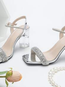 Phụ Nữ Kim Cương Giả Trang Trí Chunky Gót Dây Đeo Mắt Cá Chân Xăng Đan, Tiệc Quyến Rũ Gót - Bạc - Xem 3