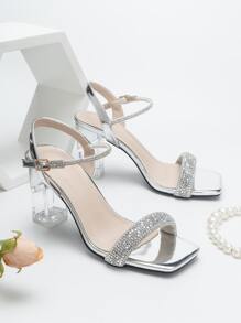 Phụ Nữ Kim Cương Giả Trang Trí Chunky Gót Dây Đeo Mắt Cá Chân Xăng Đan, Tiệc Quyến Rũ Gót - Bạc - Xem 4