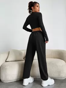 SHEIN EZwear Letter Graphic Crop Tee & Joggers - Black - View 2