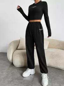 SHEIN EZwear Letter Graphic Crop Tee & Joggers - Black - View 3