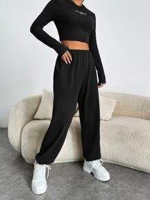 SHEIN EZwear Letter Graphic Crop Tee & Joggers - Black - View 5