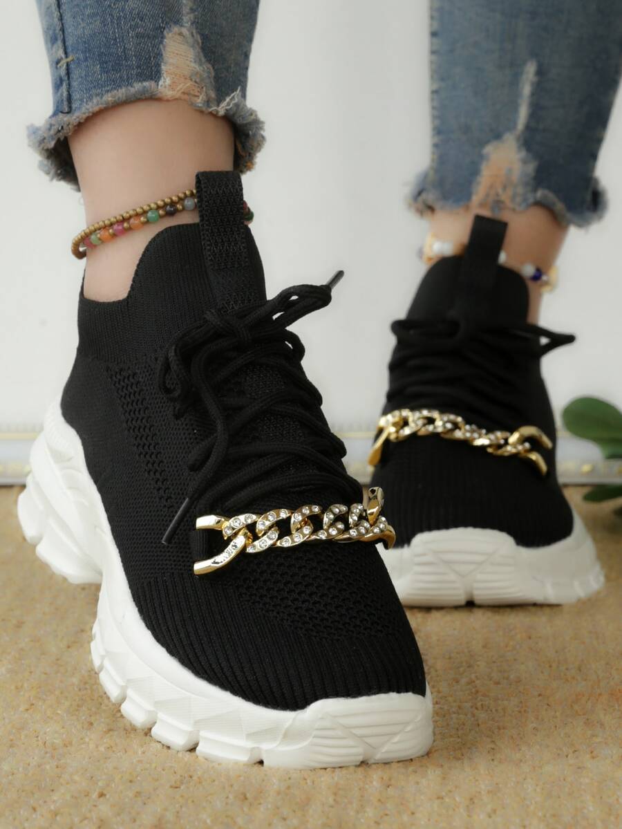Zapatillas deportivas chunky con diseño de cadena con cordón delantero - Negro - Ver 1