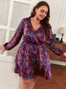 SHEIN Frenchy 大碼滿版印花燈籠袖連衣裙不附腰帶 - 彩色 - 查看 5