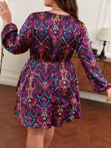 SHEIN Frenchy 大碼滿版印花燈籠袖連衣裙不附腰帶 - 彩色 - 查看 7