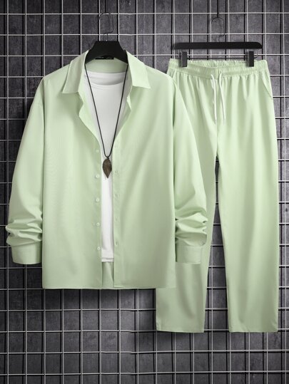 Guys Solid Button Front Shirt & Drawstring Waist Pants Without Tee