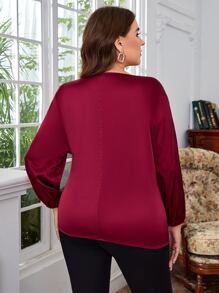 EMERY ROSE Blusa de manga farol con nudo delantero de satén - Burdeos - Ver 2