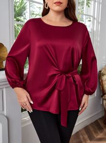 EMERY ROSE Blusa de manga farol con nudo delantero de satén - Burdeos - Ver 5