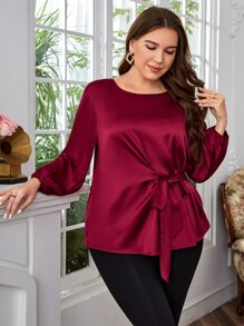 EMERY ROSE Blusa de manga farol con nudo delantero de satén - Burdeos - Ver 3
