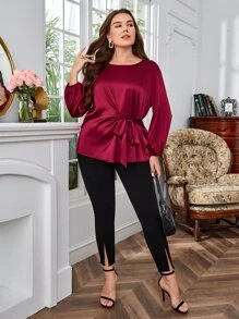 EMERY ROSE Blusa de manga farol con nudo delantero de satén - Burdeos - Ver 6