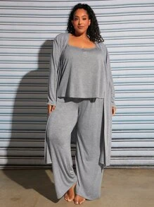 SHEIN CURVE+ Plus Solid Cami Top & Trousers & Robe PJ Set - Light Grey - View 3