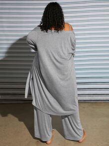 SHEIN CURVE+ Plus Solid Cami Top & Trousers & Robe PJ Set - Light Grey - View 2