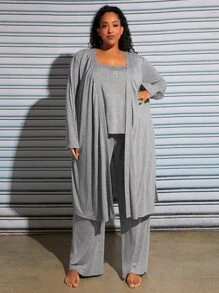 SHEIN CURVE+ Plus Solid Cami Top & Trousers & Robe PJ Set - Light Grey - View 4