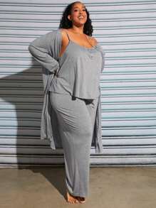 SHEIN CURVE+ Plus Solid Cami Top & Trousers & Robe PJ Set - Light Grey - View 5