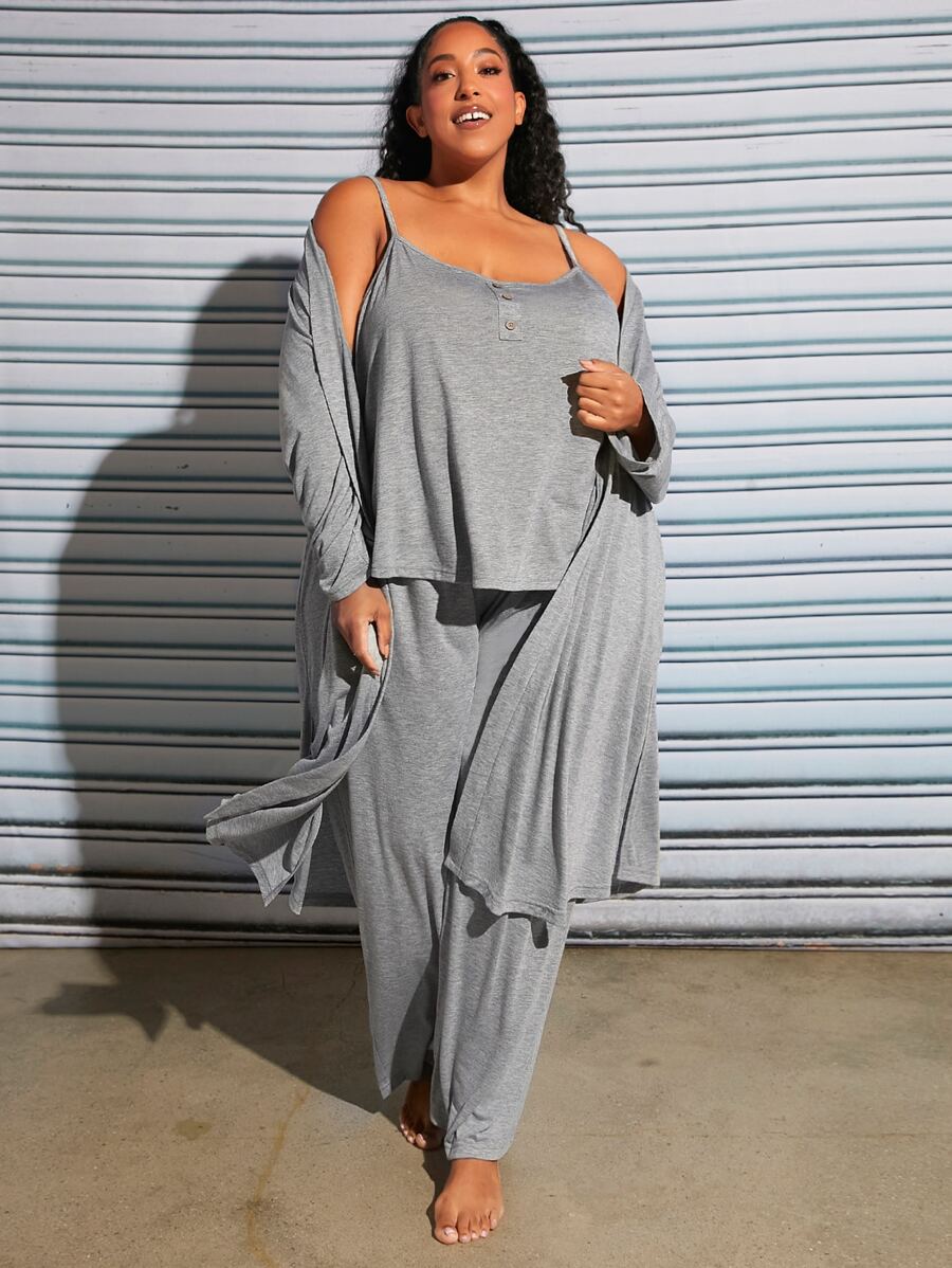 SHEIN CURVE+ Plus Solid Cami Top & Trousers & Robe PJ Set - Light Grey - View 1
