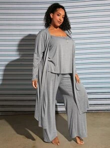 SHEIN CURVE+ Plus Solid Cami Top & Trousers & Robe PJ Set - Light Grey - View 6