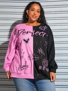 SHEIN CURVE+ Plus Letter & Figure Graphic Two Tone Drop Shoulder Pullover - Multicolor - View 3