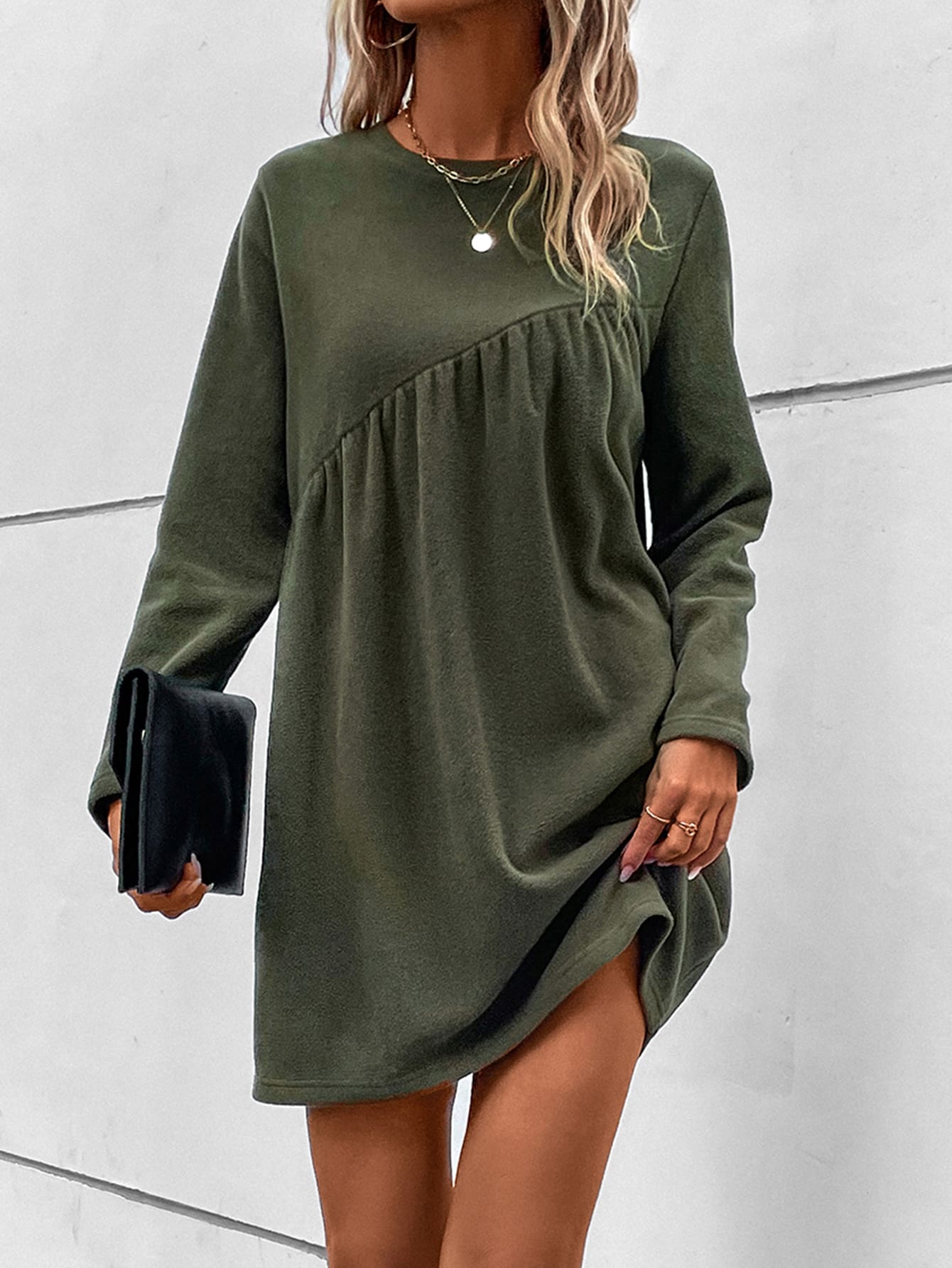 SHEIN LUNE Solid Round Neck Smock Dress - Green - View 1