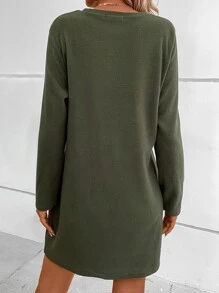 SHEIN LUNE Solid Round Neck Smock Dress - Green - View 2