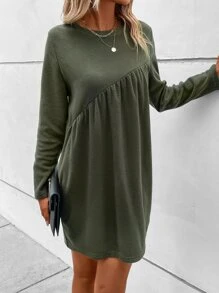 SHEIN LUNE Solid Round Neck Smock Dress - Green - View 3